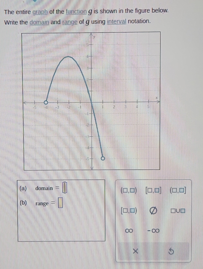 The entire graph of the function g is shown in the figure below. 
Write the domain and range of g using interval notation. 
(a) don hain =□
(□ ,□ ) [□ ,□ ] (□ ,□ ]
(b) range= =□
[□ ,□ )
□ U□
frac □  
×