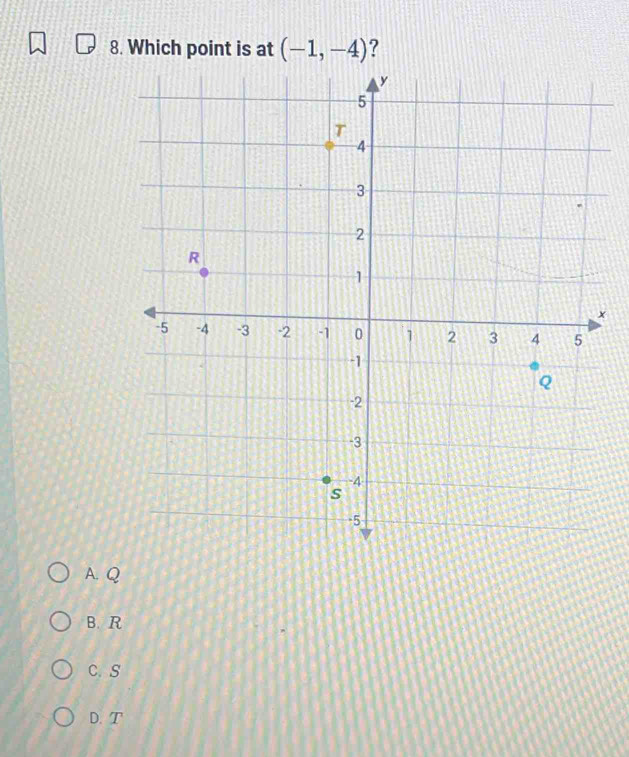 Which point is at (-1,-4) ?
x
A. Q
B. R
C. S
D. T