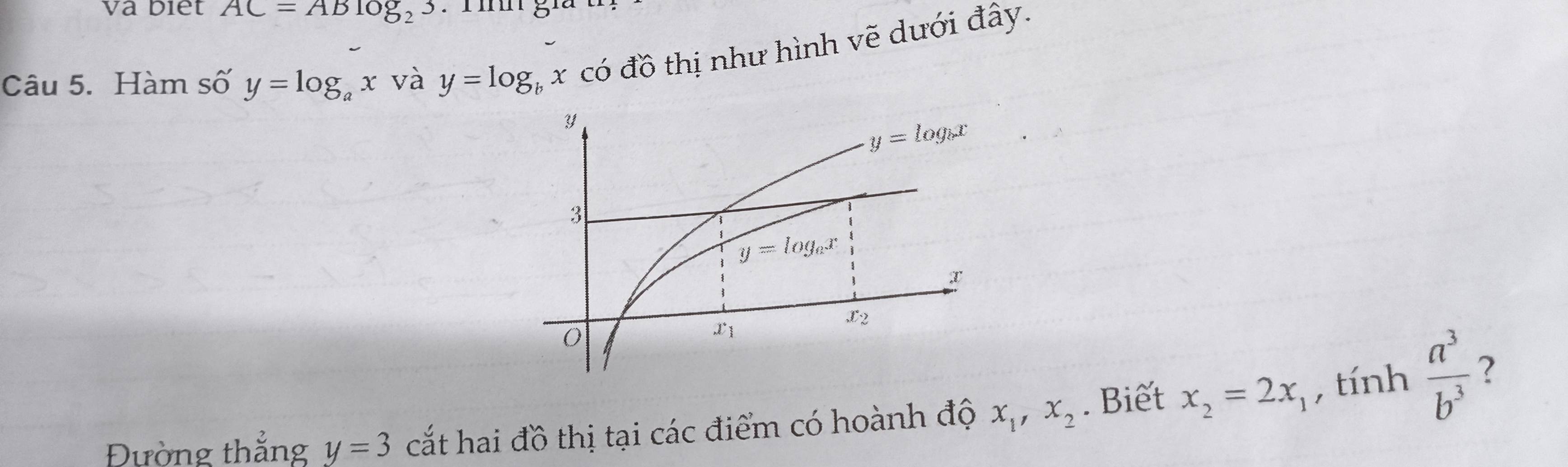 va biết AC=ABlog _23.  T ínn gi
Câu 5. Hàm số y=log _ax và y=log _bx có đồ thị như hình vẽ dưới đây.
Đường thắng y=3 cắt hai đồ thị tại các điểm có hoành độ x_1,x_2. Biết x_2=2x_1 , tính  a^3/b^3  ?