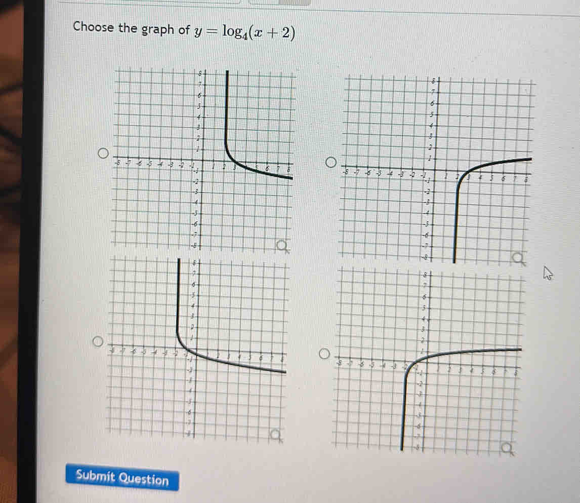 Choose the graph of y=log _4(x+2)

Submit Question