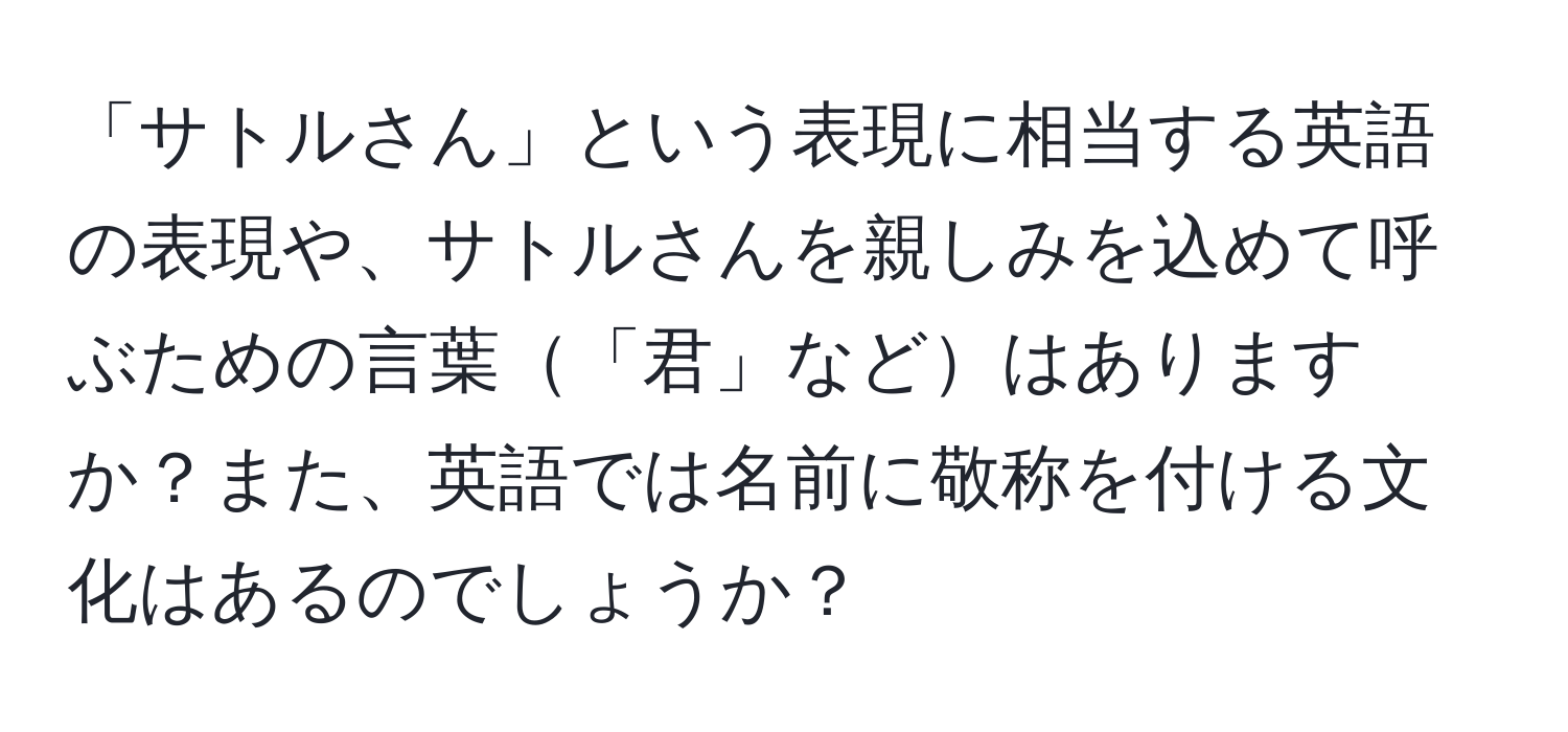 「サトルさん」という表現に相当する英語の表現や、サトルさんを親しみを込めて呼ぶための言葉「君」などはありますか？また、英語では名前に敬称を付ける文化はあるのでしょうか？