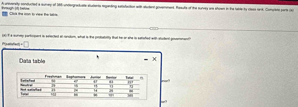 A university conducted a survey of 385 undergraduate students regarding satisfaction with student government. Results of the survey are shown in the table by class rank. Complete parts (a) 
through (d) below 
Click the icon to view the table. 
(a) If a survey participant is selected at random, what is the probability that he or she is satisfied with student government? 
P(satisfied) =□
Data table 
unior? 
ior?