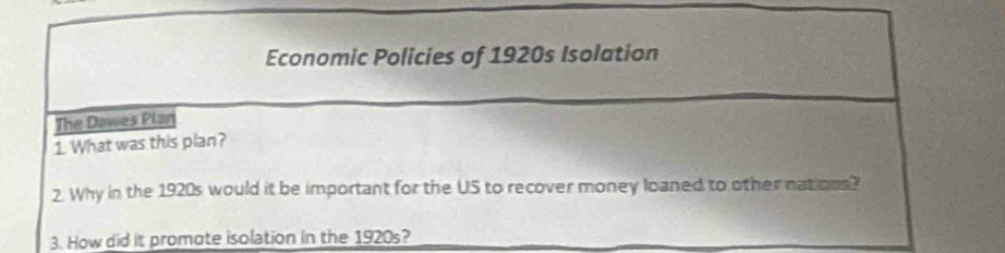 Economic Policies of 1920s Isolation 
The Dawes Plan 
1. What was this plan? 
2. Why in the 1920s would it be important for the US to recover money loaned to other nations? 
3. How did it promote isolation in the 1920s?