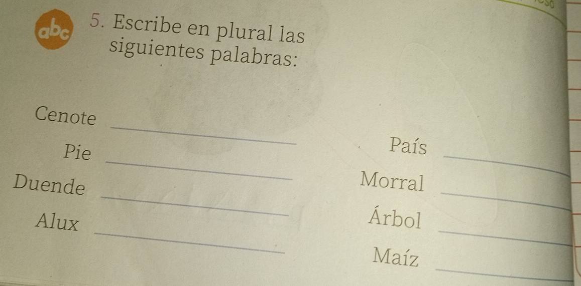 3g 
5. Escribe en plural las 
siguientes palabras: 
_ 
Cenote 
_ 
Pie 
País 
Morral 
_ 
_ 
_ 
Duende _Árbol_ 
Alux 
_ 
Maíz