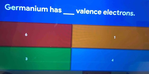 Germanium has_ valence electrons.
6
1
3
4
e