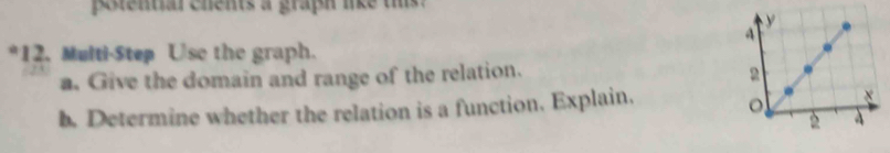 pnentar enents a graph like ts 
*12. Multi-Step Use the graph. 
a. Give the domain and range of the relation. 
b. Determine whether the relation is a function. Explain.