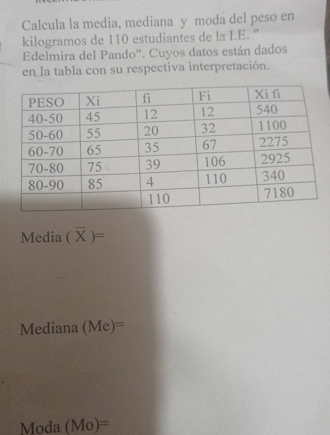 Calcula la media, mediana y moda del peso en 
kilogramos de 110 estudiantes de la I.E. " 
Edelmira del Pando". Cuyos datos están dados 
en la tabla con su respectiva interpretación. 
Media ( (overline X)=
Mediana (Me)=
Moda (Mo)=