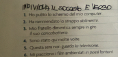 Ho pulito lo schermo del mio computer. 
2. Ha rammendato lo strappo abilmente. 
3. Mio fratello dimentica sempre in giro 
il suo caricabatterie. 
4. Sono stato qui molte volte. 
$. Questa sera non guardo lo televisione. 
6. Mi piacciono i film ambientati in paesi lontani.