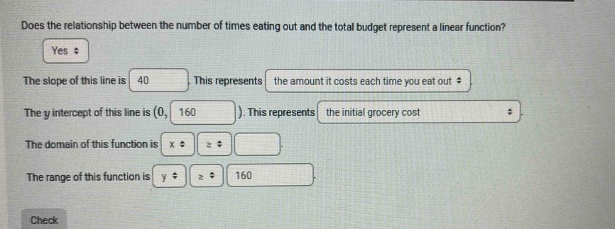 Does the relationship between the number of times eating out and the total budget represent a linear function?
Yes $
The slope of this line is 40 This represents the amount it costs each time you eat out $
The y intercept of this line is (0, 160 ). This represents the initial grocery cost
The domain of this function is x
The range of this function is 160
Check