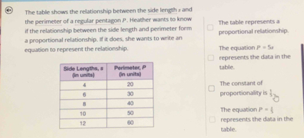 The table shows the relationship between the side length » and
the perimeter of a regular pentagon P. Heather wants to know
if the relationship between the side length and perimeter form The table represents a
a proportional relationship. If it does, she wants to write an proportional relationship.
equation to represent the relationship. The equation P=5x
represents the data in the
table.
The constant of
proportionality is
The equation P= 1/5 
represents the data in the
table.