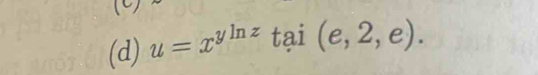 ( 
(d) u=x^(yln z)° tại (e,2,e).