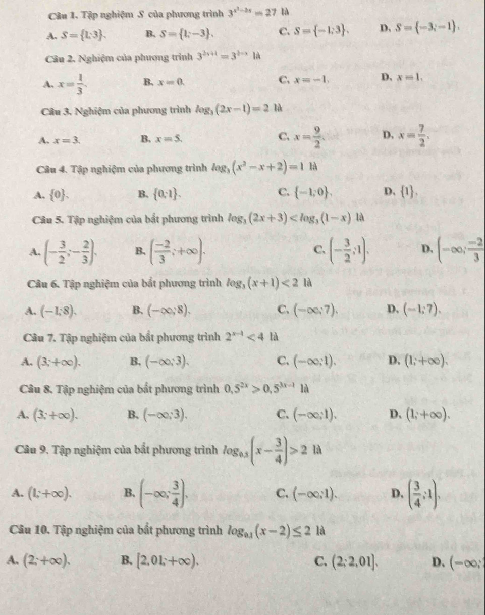 Tập nghiệm S của phương trình 3^(x^2)-2x=27ld
A. S= 1,3 . B. S= 1,-3 . C. S= -1,3 . D. S= -3,-1 .
Câu 2. Nghiệm của phương trình 3^(2x+1)=3^(2-x)1a
A. x= 1/3 . B. x=0. C. x=-1, D. x=1,
Câu 3. Nghiệm của phương trình log _3(2x-1)=2 là
A、 x=3. B. x=5. C. x= 9/2 . D, x= 7/2 .
Câu 4. Tập nghiệm của phương trình log _3(x^2-x+2)=11d
A.  0 . B.  0,1 . C.  -1,0 , D.  1 ,
Câu 5. Tập nghiệm của bắt phương trình log _3(2x+3)
A. (- 3/2 ;- 2/3 )· B. ( (-2)/3 ;+∈fty ). (- 3/2 ;1). D. (-∈fty ; (-2)/3 
C.
Câu 6. Tập nghiệm của bắt phương trình log _3(x+1)<2</tex> là
A. (-1;8). B. (-∈fty ,8). C. (-∈fty ;7), D. (-1;7).
Câu 7. Tập nghiệm của bất phương trình 2^(x-1)<4</tex> là
A. (3;+∈fty ). B. (-∈fty ;3). C. (-∈fty ,1). D, (1;+∈fty ).
Câu 8. Tập nghiệm của bất phương trình 0,5^(2x)>0,5^(3x-1)1d
A. (3;+∈fty ). B. (-∈fty ;3). C. (-∈fty ,1). D, (1;+∈fty ).
là
Câu 9. Tập nghiệm của bất phương trình log _0.5(x- 3/4 )>2^4
A. (1;+∈fty ). B. (-∈fty ; 3/4 ). C. (-∈fty ,1). D. ( 3/4 ;1).
Câu 10. Tập nghiệm của bất phương trình log _0.1(x-2)≤ 21a
A. (2;+∈fty ). B. [2,01;+∈fty ). C. (2;2,01]. D. (-∈fty ,