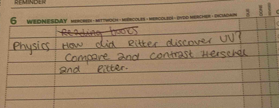 REMINDER 
6 wednesDAYmercredi - mittwoch » miércoles - mercoledì · dydd mercher - dicladain