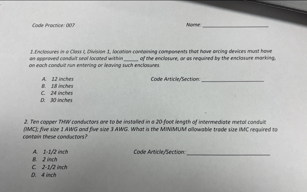 Solved: Code Practice: 007 Name:_ 1.Enclosures in a Class I, Division 1 ...