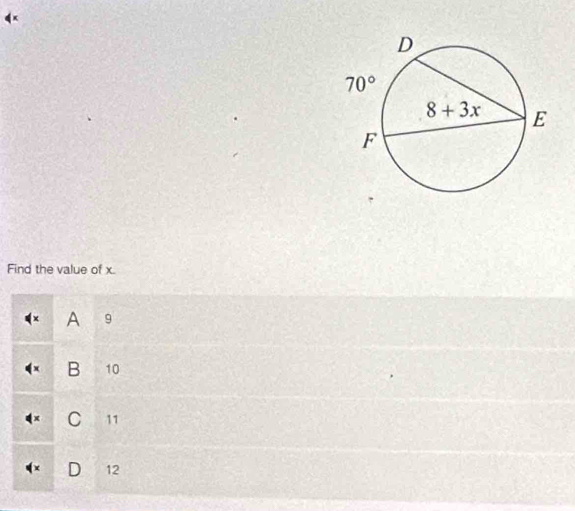 Find the value of x.
A 9
B 10
C 11
D 12