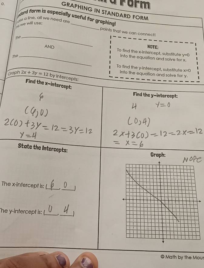 arorm 
GRAPHING IN STANDARD FORM 
dard form is especially useful for graphing! 
ake a line, all we need are 
ns we will use: 
points that we can connect! 
The_ 
NOTE: 
AND To find the x-intercept, substitute y=0
The_ 
into the equation and solve for x. 
To find the y-intercept, substitute x=0
into the equation and solve for y. 
Graph 2x+3y=12 by intercepts: 
Find the x-intercept: 
Find the y-intercept: 
State the Intercepts: 
Graph: 
The x-intercept is: __J 
he y-intercept is: __1 
© Math by the Mour