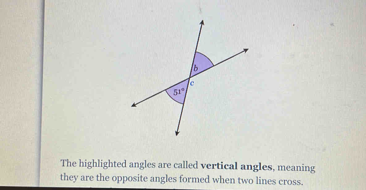 The highlighted angles are called vertical angles, meaning they are the ...