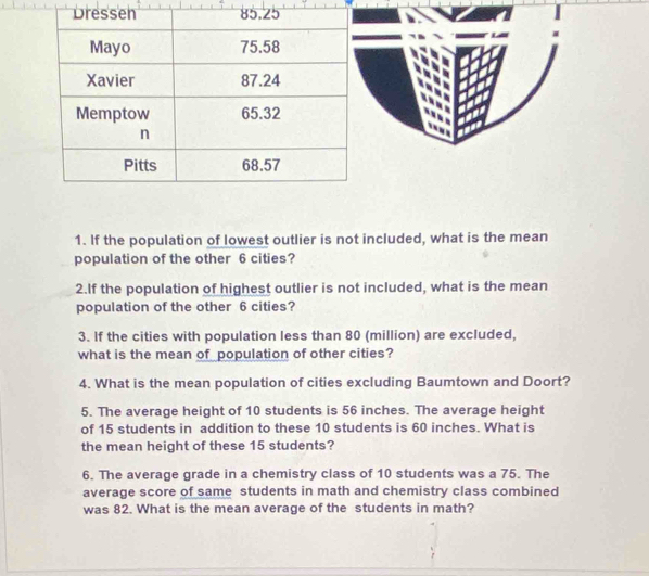 If the population of lowest outlier is not included, what is the mean 
population of the other 6 cities? 
2.If the population of highest outlier is not included, what is the mean 
population of the other 6 cities? 
3. If the cities with population less than 80 (million) are excluded, 
what is the mean of population of other cities? 
4. What is the mean population of cities excluding Baumtown and Doort? 
5. The average height of 10 students is 56 inches. The average height 
of 15 students in addition to these 10 students is 60 inches. What is 
the mean height of these 15 students? 
6. The average grade in a chemistry class of 10 students was a 75. The 
average score of same students in math and chemistry class combined 
was 82. What is the mean average of the students in math?