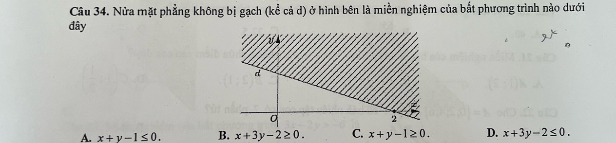 Nửa mặt phẳng không bị gạch (kể cả d) ở hình bên là miền nghiệm của bất phương trình nào dưới
đây
B.
A. x+y-1≤ 0. x+3y-2≥ 0. C. x+y-1≥ 0. D. x+3y-2≤ 0.