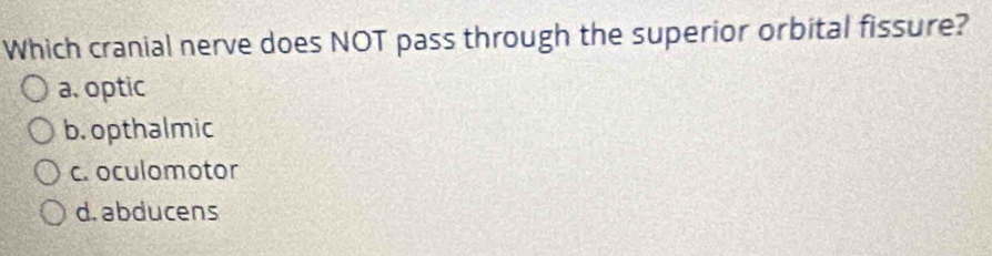 Which cranial nerve does NOT pass through the superior orbital fissure?
a. optic
b. opthalmic
c. oculomotor
d. abducens