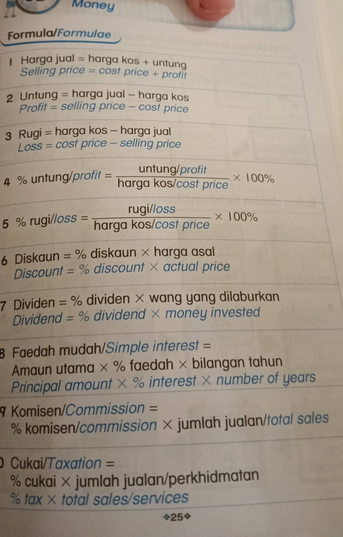 Money 
Formula/Formulae 
1 Harga jual = harga kos + untung 
Selling price = cost price + profit 
2 Untung = harga jual - harga kos 
Profit = selling price - cost price 
3 Rugi = harga kos - harga jual
∠ OSS= cost price - selling price
4 % untung lprofit= (untung/profit)/hargakos/cos tprice * 100%
5 % rugi/loss= (rugi/loss)/hargakos/cos tprice * 100%
6 Diskaun =% diskaun × harga asal 
Discount =% discount × actual price 
7 Dividen =% dividen × wang yang dilaburkan 
Dividend =% dividend × money invested 
8 Faedah mudah/Simple interest = 
Amaun utama × % faedah × bilangan tahun 
Principal amount × % interest × number of years
9 Komisen/Commission =
% komisen/commission × jumlah jualan/total sales 
Cukai/Taxation = 
% cukai × jumlah jualan/perkhidmatan 
% tax × total sales/services
?25?