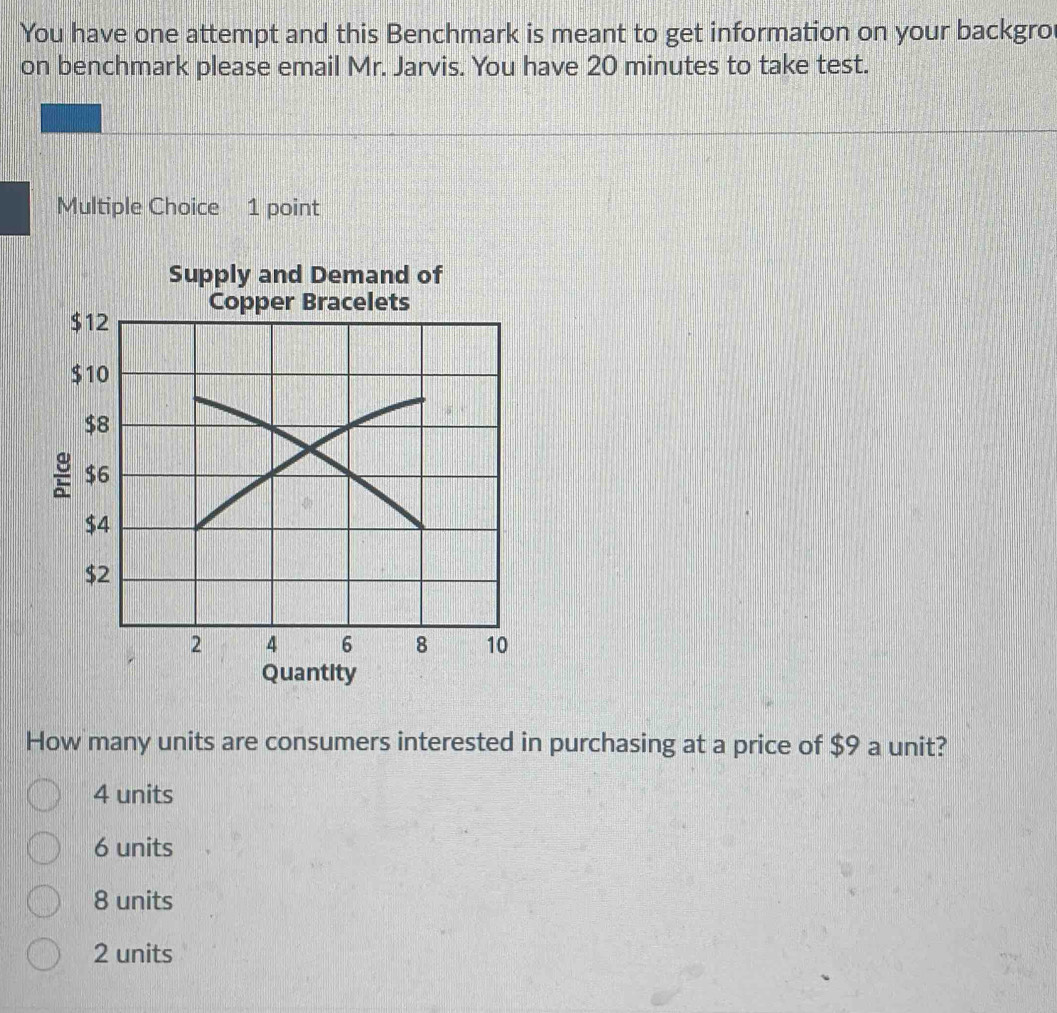 You have one attempt and this Benchmark is meant to get information on your backgro
on benchmark please email Mr. Jarvis. You have 20 minutes to take test.
Multiple Choice 1 point
Supply and Demand of
$12 Copper Bracelets
$10
$8
$6
$4
$2
2 4 6 8 10
Quantity
How many units are consumers interested in purchasing at a price of $9 a unit?
4 units
6 units
8 units
2 units