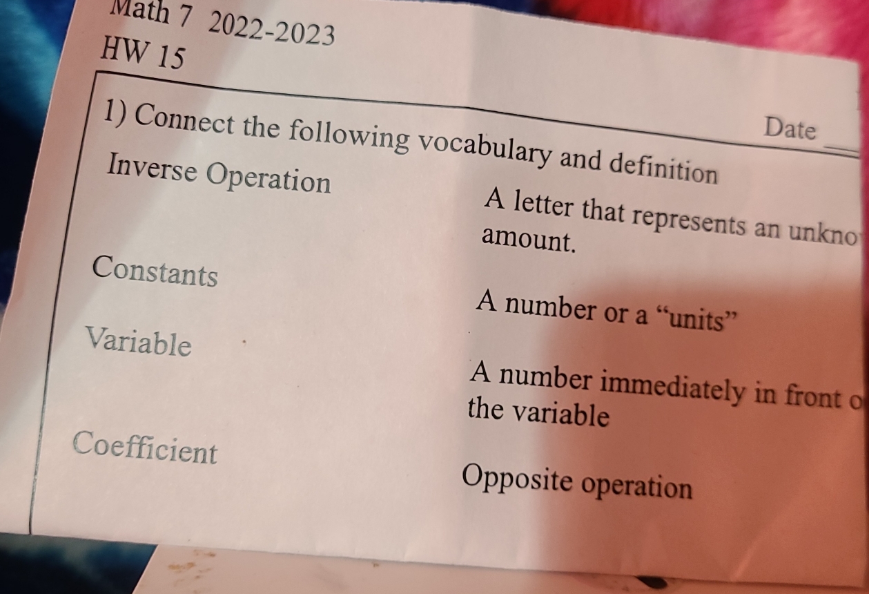 Math 7 2022-2023 
HW 15 
_ 
Date 
1) Connect the following vocabulary and definition 
Inverse Operation A letter that represents an unkno 
amount. 
Constants A number or a “units” 
Variable A number immediately in front o 
the variable 
Coefficient 
Opposite operation