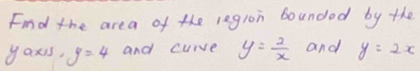 Find the area of the leglon boundad by the 
yax1s, y=4 and curve y= 2/x  and y=2x