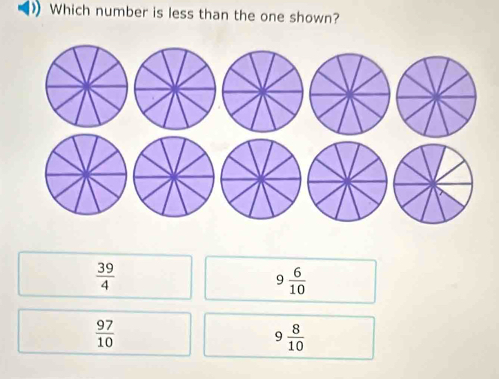 Which number is less than the one shown?
 39/4 
9 6/10 
 97/10 
9 8/10 