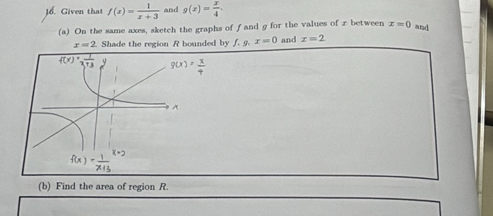 Given that f(x)= 1/x+3  and g(x)= x/4 . 
(a) On the same axes, sketch the graphs of f and g for the values of x between x=0 and
x=2 Shade the region R bounded by f, 9 x=0 and x=2. 
(b) Find the area of region R.