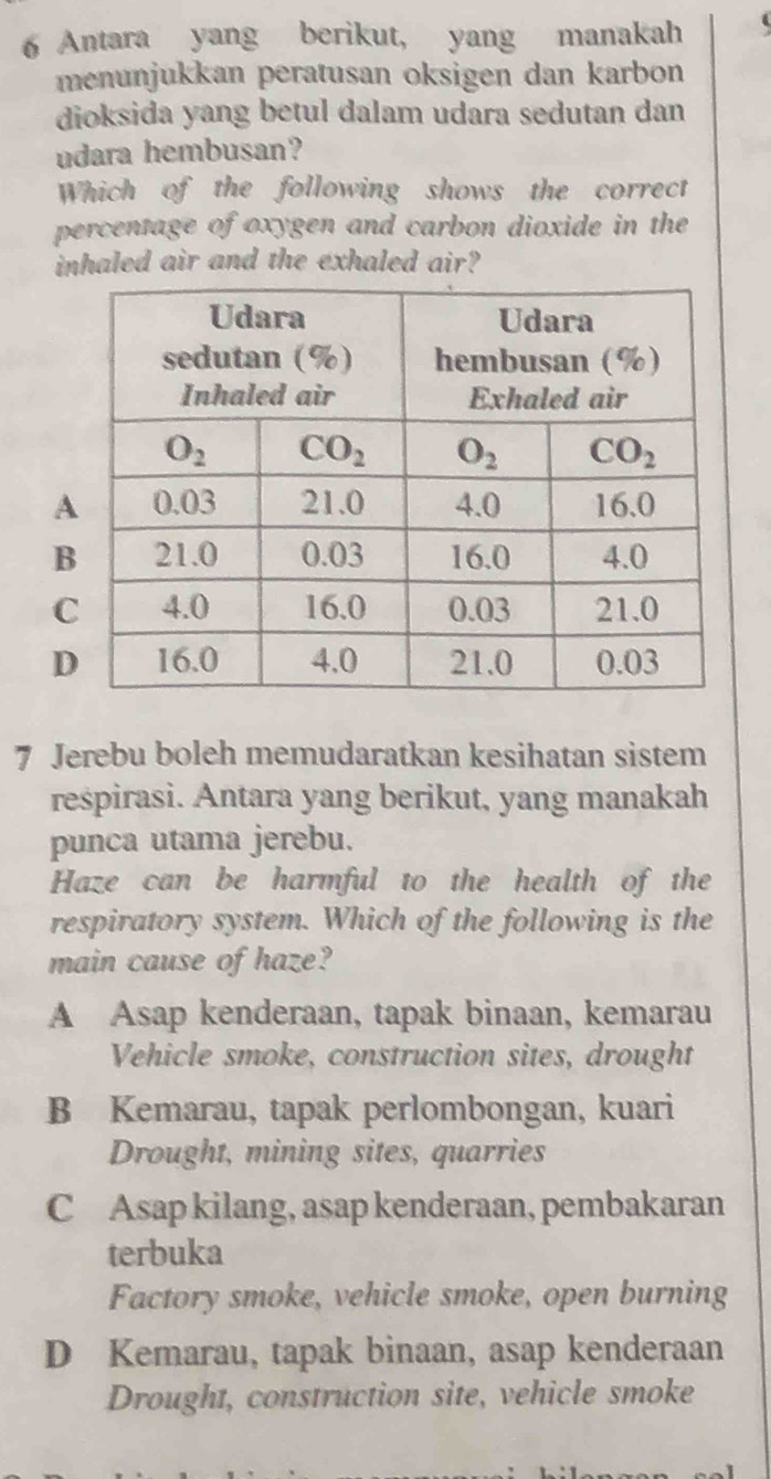 Antara yang berikut, yang manakah
menunjukkan peratusan oksigen dan karbon
dioksida yang betul dalam udara sedutan dan
udara hembusan?
Which of the following shows the correct
percentage of oxygen and carbon dioxide in the
inhaled air and the exhaled air?
A
B
D
7 Jerebu boleh memudaratkan kesihatan sistem
respirasi. Antara yang berikut, yang manakah
punca utama jerebu.
Haze can be harmful to the health of the
respiratory system. Which of the following is the
main cause of haze?
A Asap kenderaan, tapak binaan, kemarau
Vehicle smoke, construction sites, drought
B Kemarau, tapak perlombongan, kuari
Drought, mining sites, quarries
C Asap kilang, asap kenderaan, pembakaran
terbuka
Factory smoke, vehicle smoke, open burning
D Kemarau, tapak binaan, asap kenderaan
Drought, construction site, vehicle smoke