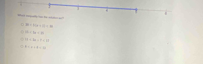 he solution set?
20<5(x+1)<30</tex>
15<5x<25
11<2x+7<17</tex>
8 <12</tex>