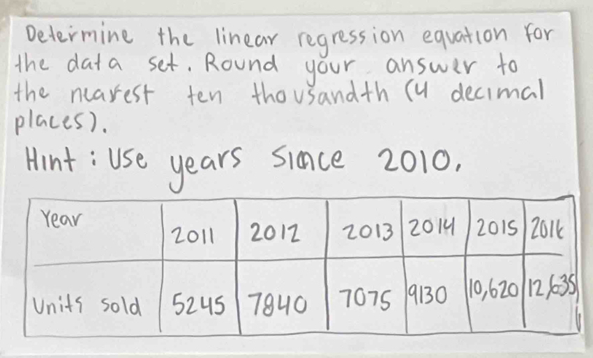 Determine the linear regression equation for 
the data set. Round your answer to 
the narest ten thousandth (y decimal 
places). 
Hint: use years since 2010.