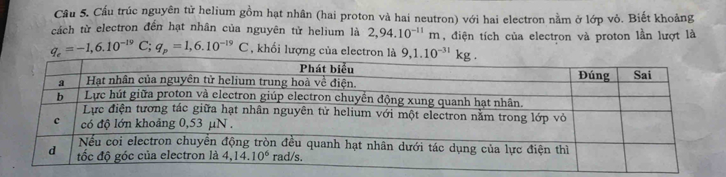 Cầu 5. Cầu trúc nguyên tử helium gồm hạt nhân (hai proton và hai neutron) với hai electron nằm ở lớp vỏ. Biết khoảng
cách từ electron đến hạt nhân của nguyên tử helium là 2,94.10^(-11)m , điện tích của electron và proton lần lượt là
q_e=-1,6.10^(-19)C;q_p=1,6.10^(-19)C , khối lượng của electron là 9,1.10^(-31)kg.