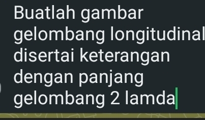 Buatlah gambar 
gelombang longitudinal 
disertai keterangan 
dengan panjang 
gelombang 2 lamda