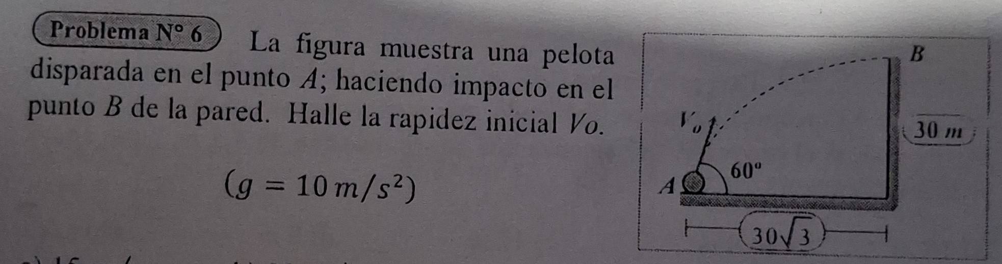 Problema N° 6 La figura muestra una pelota 
B 
disparada en el punto Á; haciendo impacto en el 
punto B de la pared. Halle la rapidez inicial Vo. 
1
30 m
(g=10m/s^2)
60°
A
30sqrt(3)