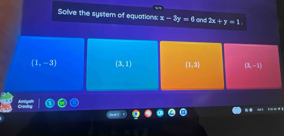 12/15
Solve the system of equations: x-3y=6 and 2x+y=1.
(1,-3)
(3,1)
(1,3)
(3,-1)
Amiyah
Crosby
b 14
Desk 1