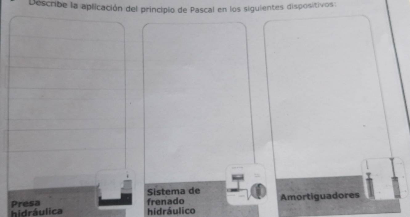 Describe la aplicación del principio de Pascal en los siguientes dispositivos:
Sistema de
Presa frenado Amortiguadores
hidráulica hidráulico