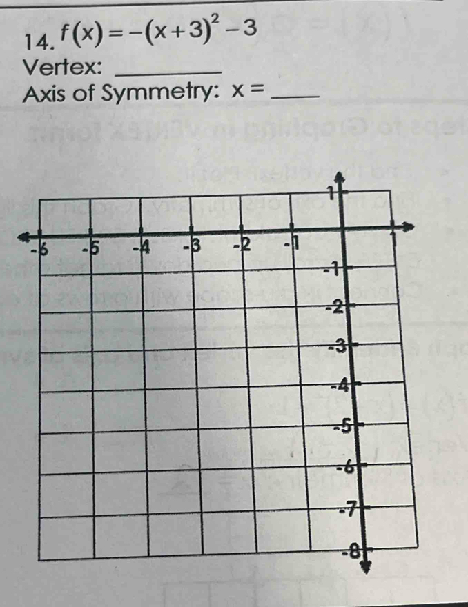 f(x)=-(x+3)^2-3
Vertex:_ 
Axis of Symmetry: x= _