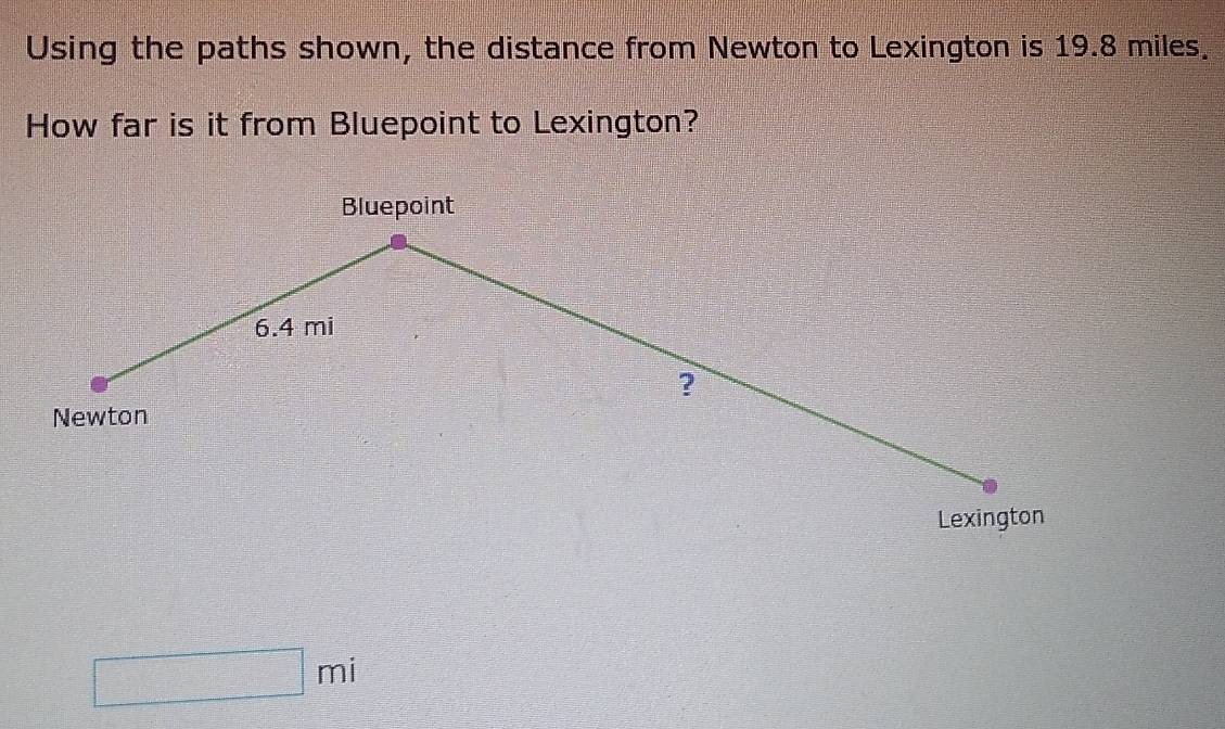 Using the paths shown, the distance from Newton to Lexington is 19.8 miles. 
How far is it from Bluepoint to Lexington?
□ mi