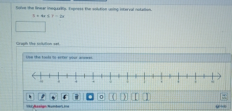 Solve the linear inequality. Express the solution using interval notation.
5+4x≤ 7-2x
Graph the solution set. 
Use the tools to enter your answer. 
。 
Wen Assign NumberLine G Help