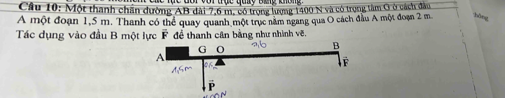 dor vor trục quay bang khôn 
Câu 10: Một thanh chắn đường AB dài 7,6 m, có trọng lượng 1400 N và có trọng tâm G ở cách đầu 
A một đoạn 1,5 m. Thanh có thể quay quanh một trục năm ngang qua O cách đầu A một đoạn 2 m. hông 
Tác dụng vào đầu B một lực overline F để thanh cân bằng như nhình vẽ.