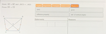Geven overline AS=overline BC Ages Segmerss | Tranges — 
Prove: DE=CF and ∠ BCD=∠ ADC
SAS Shrer 
=uflesive property def of vertical angles 
Statements Reasons