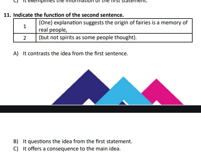 Cy it exempimes the imommation of the frst statement"
11. Indicate the function of the second sentence.
A) It contrasts the idea from the first sentence.
B) It questions the idea from the first statement.
C) It offers a consequence to the main idea.