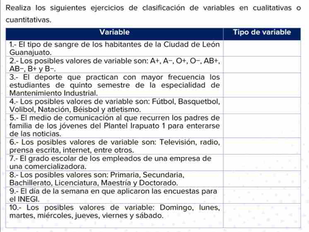 Realiza los siguientes ejercicios de clasificación de variables en cualitativas o
c.
1
2
3
f
 
7
 
e
1