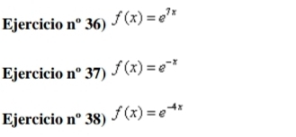 Ejercicio n° 36) f(x)=e^(7x)
Ejercicio n°. 37) f(x)=e^(-x)
Ejercicio n°. 38) f(x)=e^(-4x)