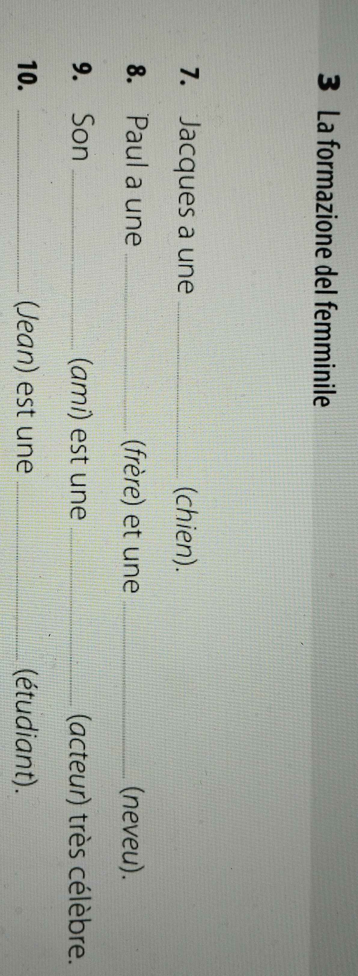 La formazione del femminile 
7. Jacques a une _(chien). 
8. Paul a une _(frère) et une _(neveu). 
9. Son _(ami) est une _(acteur) très célèbre. 
10. _(Jean) est une _(étudiant).