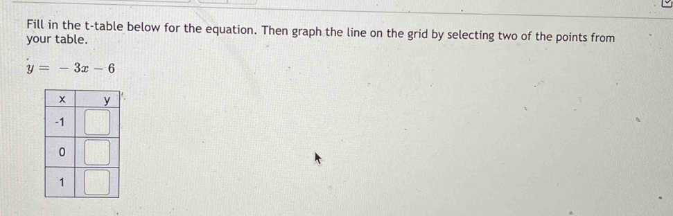 Fill in the t -table below for the equation. Then graph the line on the grid by selecting two of the points from 
your table.
y=-3x-6