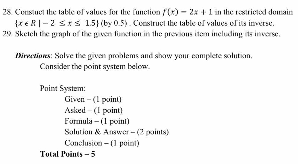 Constuct the table of values for the function f(x)=2x+1 in the restricted domain
 x∈ R|-2≤ x≤ 1.5 ( by 0.5) . Construct the table of values of its inverse. 
29. Sketch the graph of the given function in the previous item including its inverse. 
Directions: Solve the given problems and show your complete solution. 
Consider the point system below. 
Point System: 
Given - (1 point) 
Asked - (1 point) 
Formula - (1 point) 
Solution & Answer - (2 points) 
Conclusion - (1 point) 
Total Points - 5