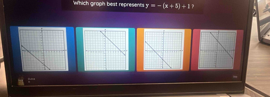 Which graph best represents y=-(x+5)+1 ? 
Dulce 
A